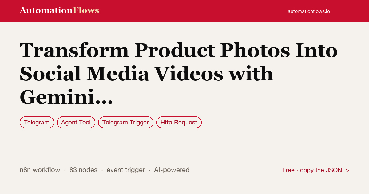Transform Product Photos Into Social Media Videos with Gemini Ai, Kling & Late — n8n workflow card showing Telegram, Agent Tool, Telegram Trigger integration