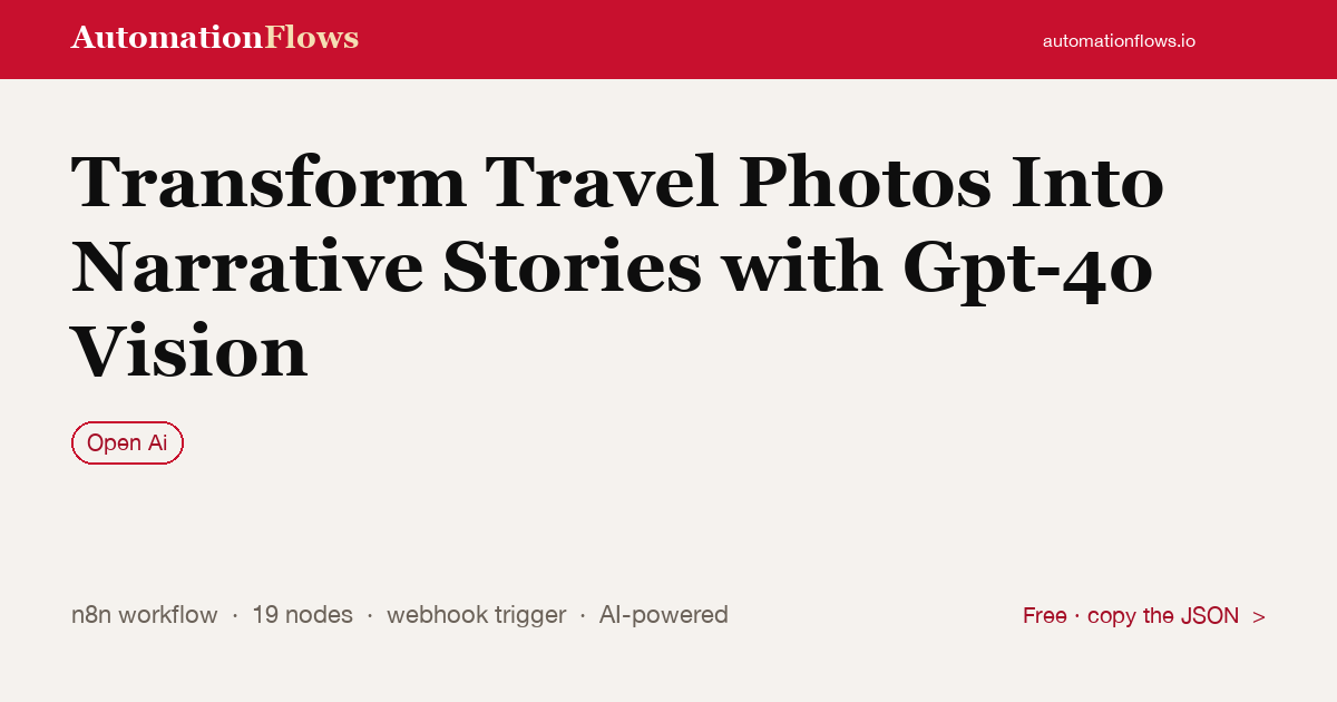 Transform Travel Photos Into Stories with GPT-4o — n8n workflow card showing OpenAI integration
