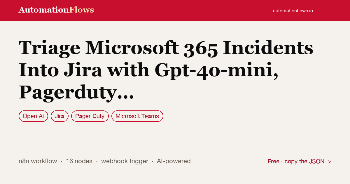 Triage Microsoft 365 Incidents Into Jira with Gpt-4o-mini, Pagerduty and Teams — n8n workflow card showing OpenAI, Jira, Pager Duty integration