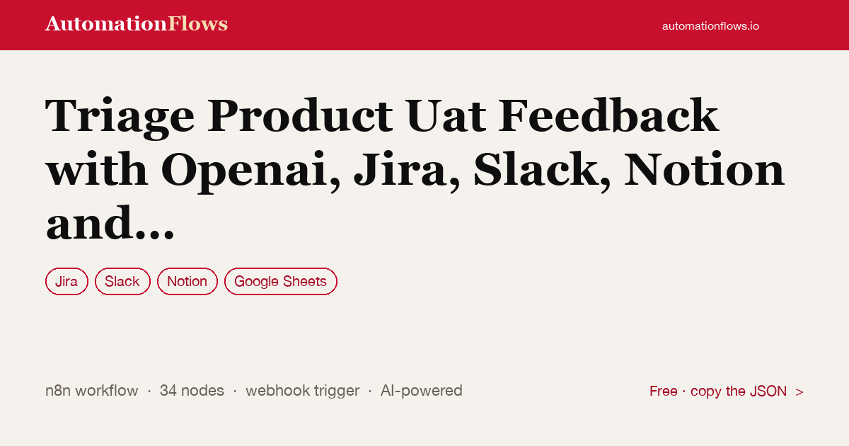 Triage Product Uat Feedback with Openai, Jira, Slack, Notion and Google Sheets — n8n workflow card showing Jira, Slack, Notion integration