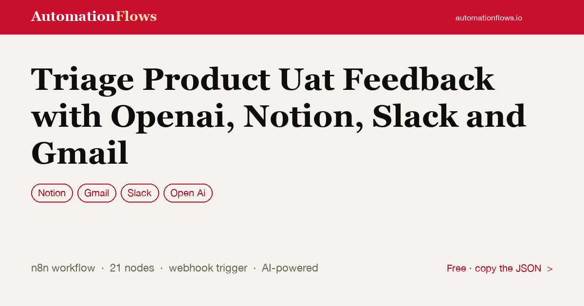Triage Product Uat Feedback with Openai, Notion, Slack and Gmail — n8n workflow card showing Notion, Gmail, Slack integration