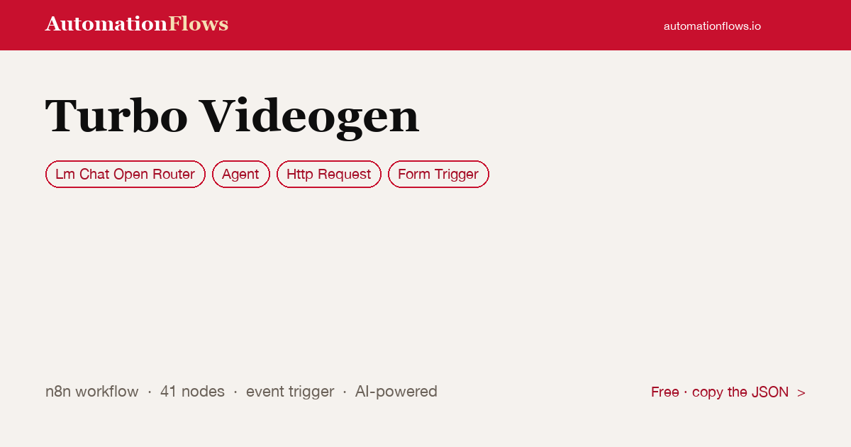 Turbo Videogen — n8n workflow card showing OpenRouter Chat, Agent, HTTP Request integration
