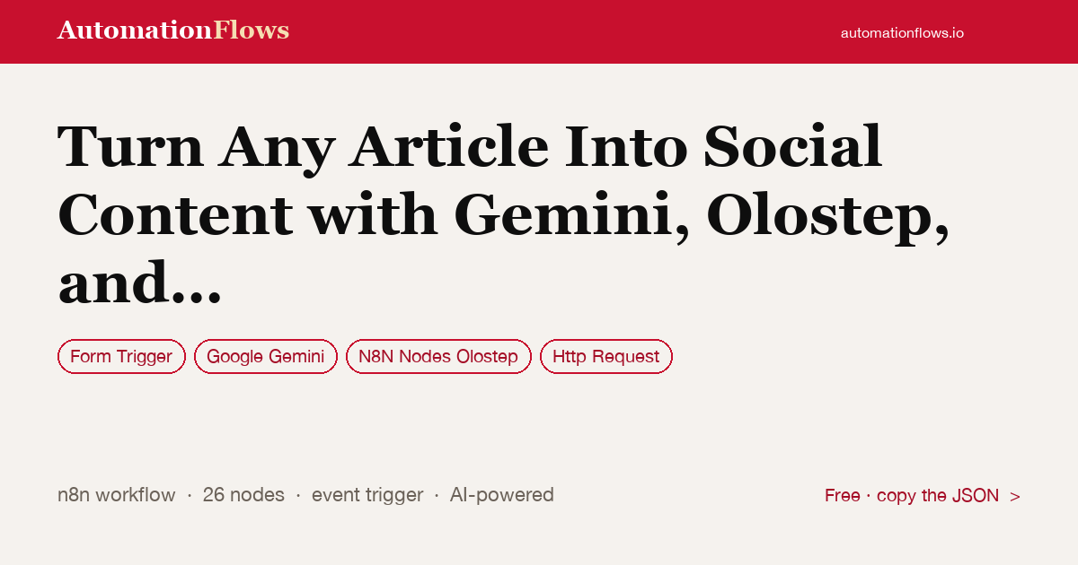 Turn Any Article Into Social Content with Gemini, Olostep, and Google Docs — n8n workflow card showing Form Trigger, Google Gemini, N8N Nodes Olostep integration