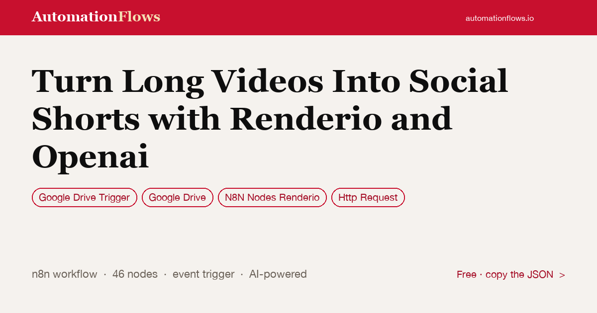 Turn Long Videos Into Social Shorts with Renderio and Openai — n8n workflow card showing Google Drive Trigger, Google Drive, N8N Nodes Renderio integration