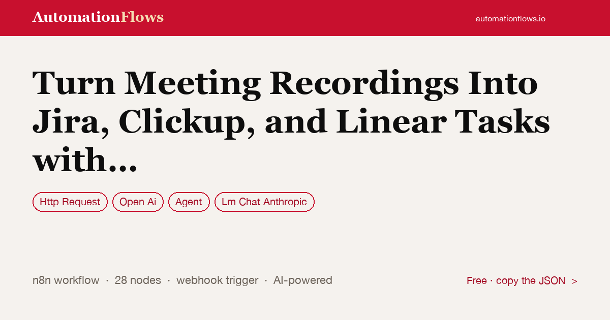 Turn Meeting Recordings Into Jira, Clickup, and Linear Tasks with Whisper… — n8n workflow card showing HTTP Request, OpenAI, Agent integration