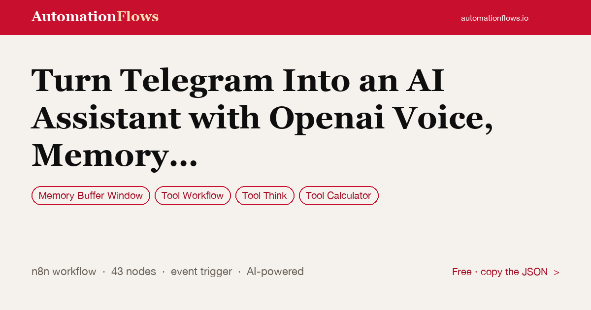 Turn Telegram Into an AI Assistant with Openai Voice, Memory and Tools — n8n workflow card showing Memory Buffer Window, Tool Workflow, Tool Think integration
