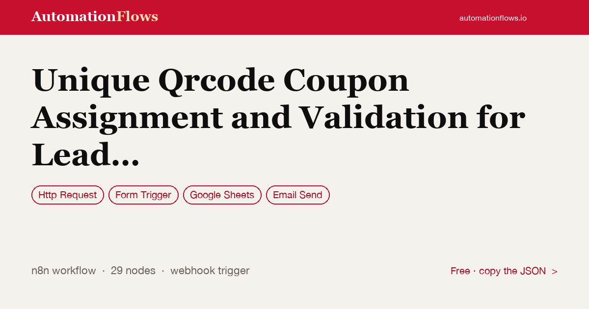 Unique Qrcode Coupon Assignment and Validation for Lead Generation with Suitecrm — n8n workflow card showing HTTP Request, Form Trigger, Google Sheets integration