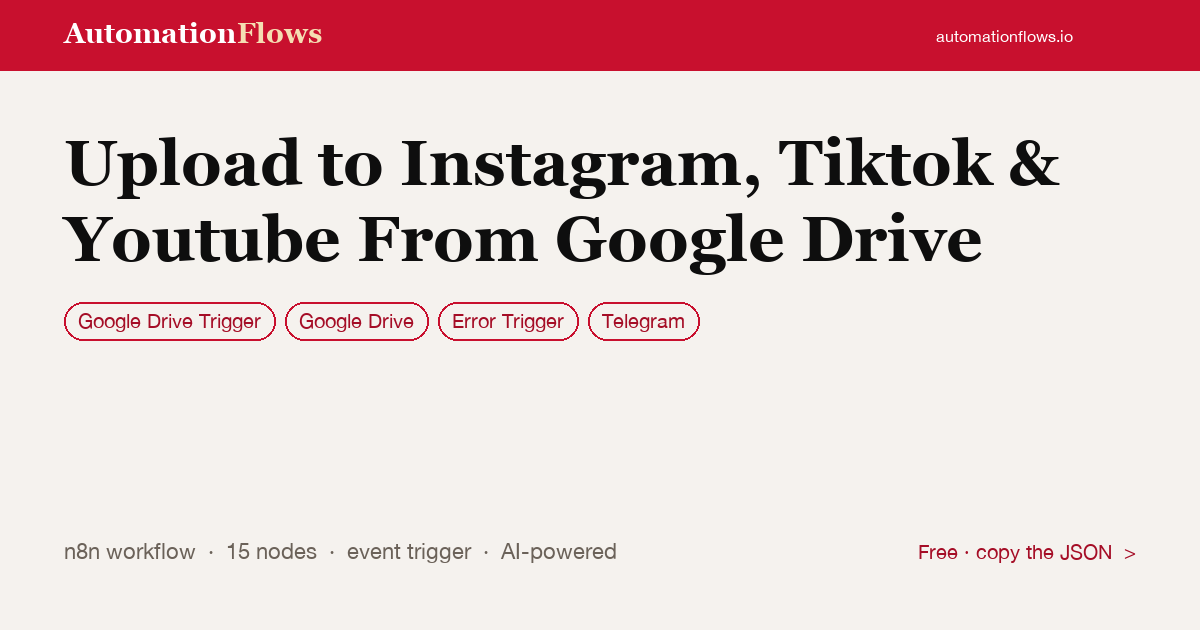 Google Drive to Instagram, TikTok & YouTube Upload — n8n workflow card showing Google Drive Trigger, Google Drive, Error Trigger integration