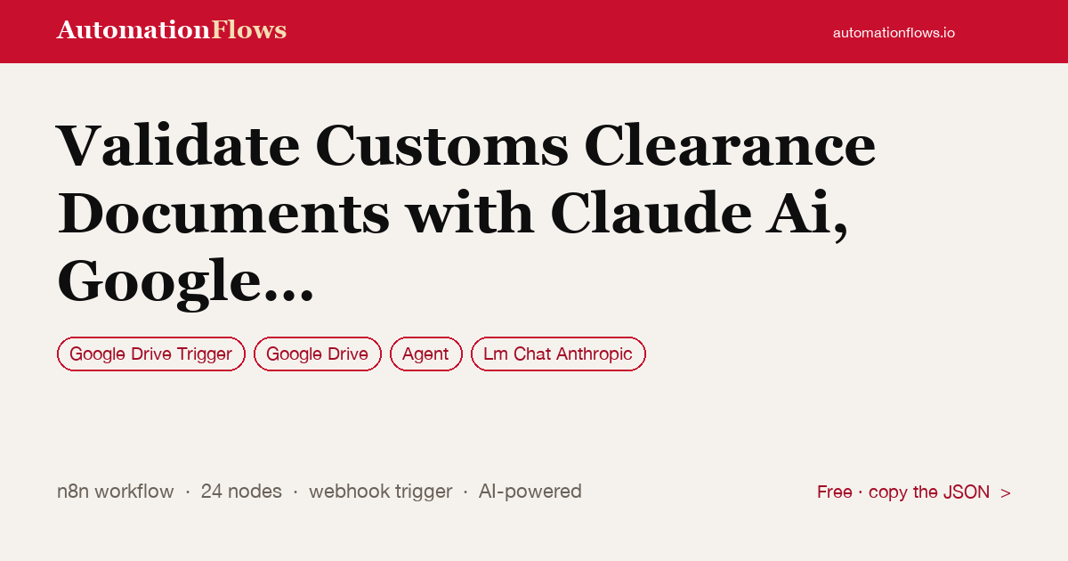 Validate Customs Clearance Documents with Claude Ai, Google Drive and Slack — n8n workflow card showing Google Drive Trigger, Google Drive, Agent integration