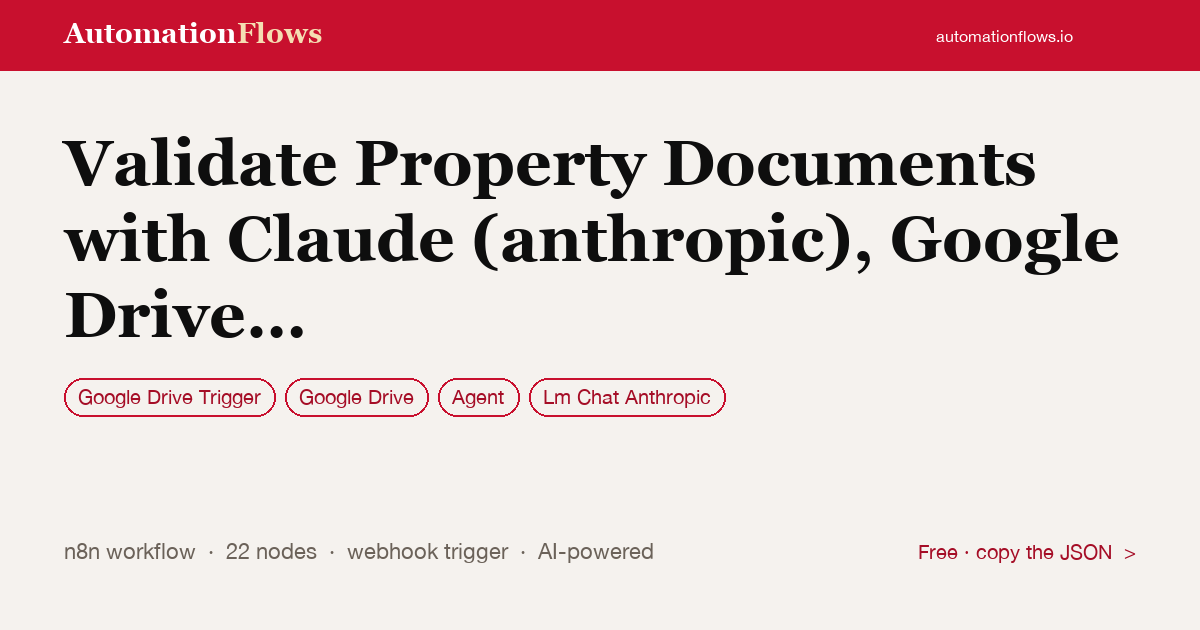 Validate Property Documents with Claude (anthropic), Google Drive and Slack — n8n workflow card showing Google Drive Trigger, Google Drive, Agent integration