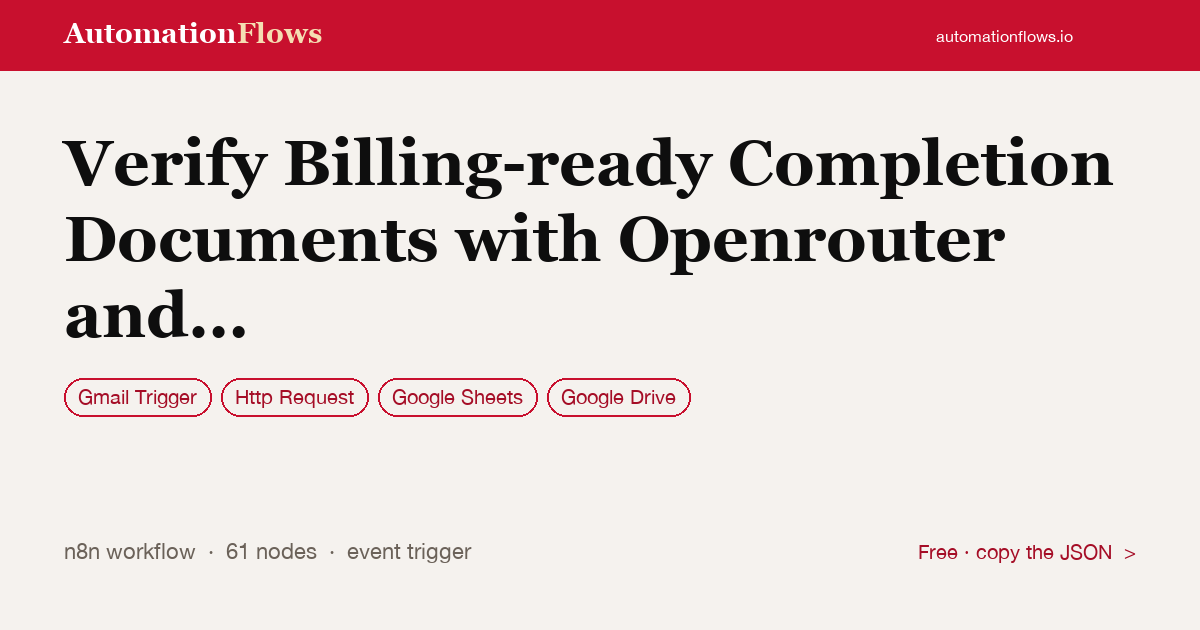Verify Billing-ready Completion Documents with Openrouter and Google Sheets — n8n workflow card showing Gmail Trigger, HTTP Request, Google Sheets integration