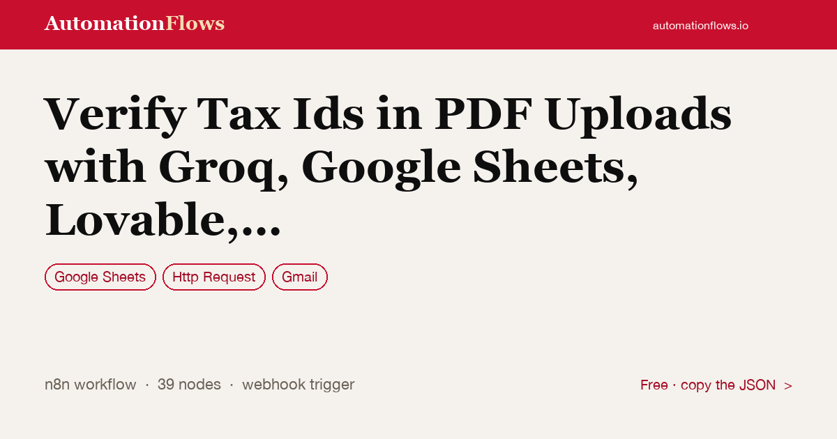Verify Tax Ids in PDF Uploads with Groq, Google Sheets, Lovable, and Gmail — n8n workflow card showing Google Sheets, HTTP Request, Gmail integration