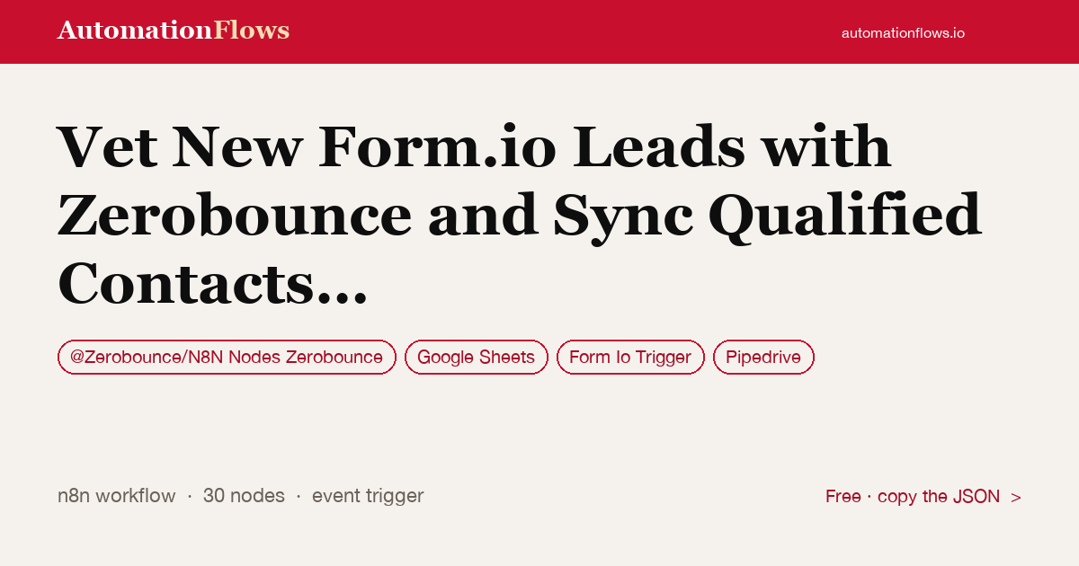Vet New Form.io Leads with Zerobounce and Sync Qualified Contacts to Pipedrive — n8n workflow card showing @Zerobounce/N8N Nodes Zerobounce, Google Sheets, Form Io Trigger integration