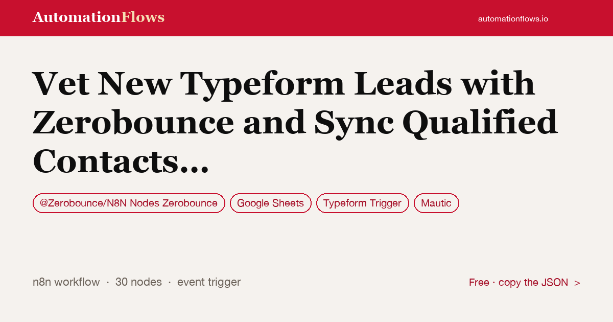 Vet New Typeform Leads with Zerobounce and Sync Qualified Contacts to Mautic — n8n workflow card showing @Zerobounce/N8N Nodes Zerobounce, Google Sheets, Typeform Trigger integration