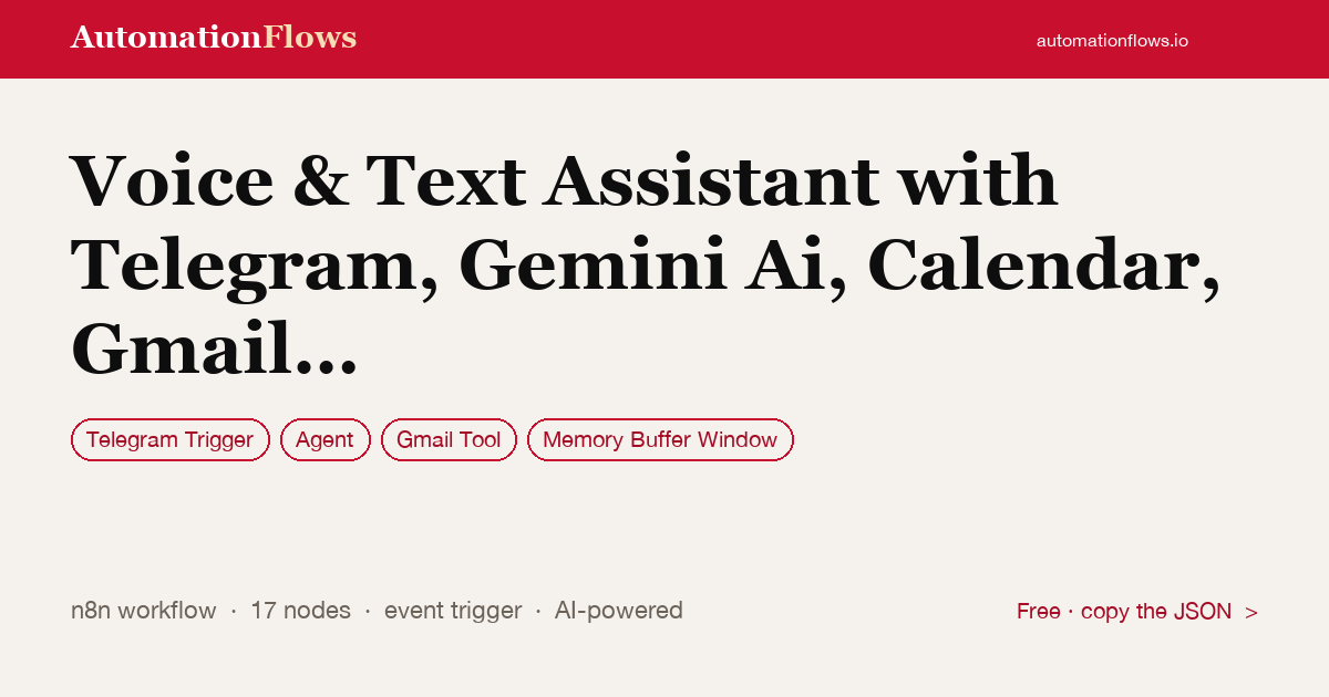 Telegram Voice Assistant with Gemini AI, Gmail & Calendar — n8n workflow card showing Telegram Trigger, Agent, Gmail Tool integration