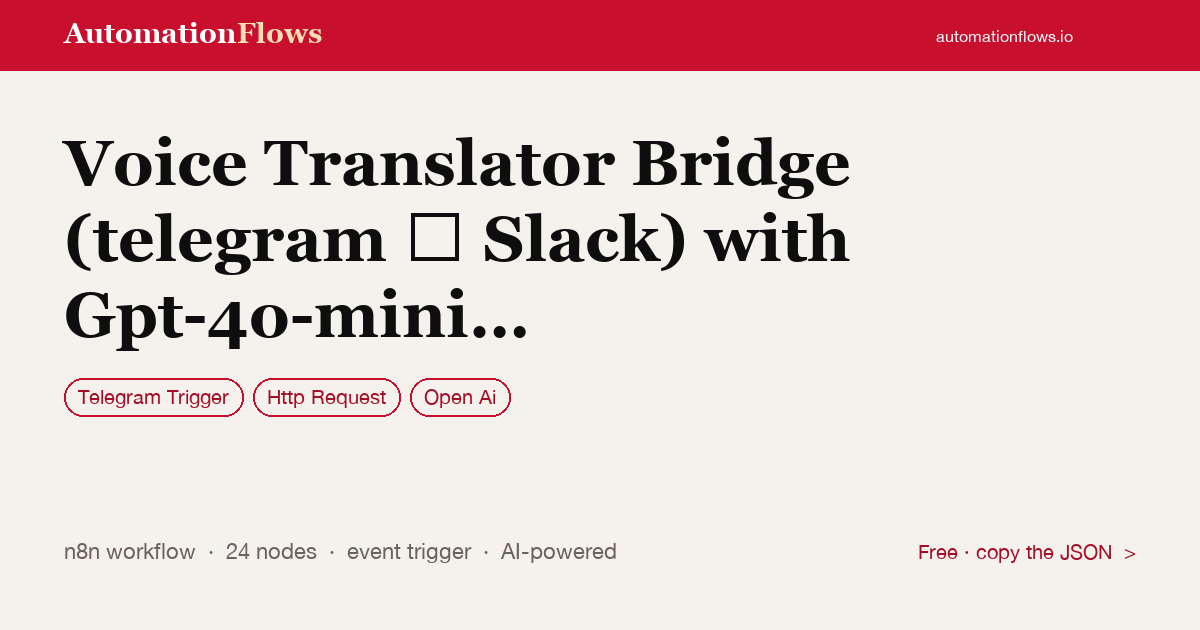 Voice Translator Bridge (telegram → Slack) with Gpt-4o-mini + Whisper — n8n workflow card showing Telegram Trigger, HTTP Request, OpenAI integration