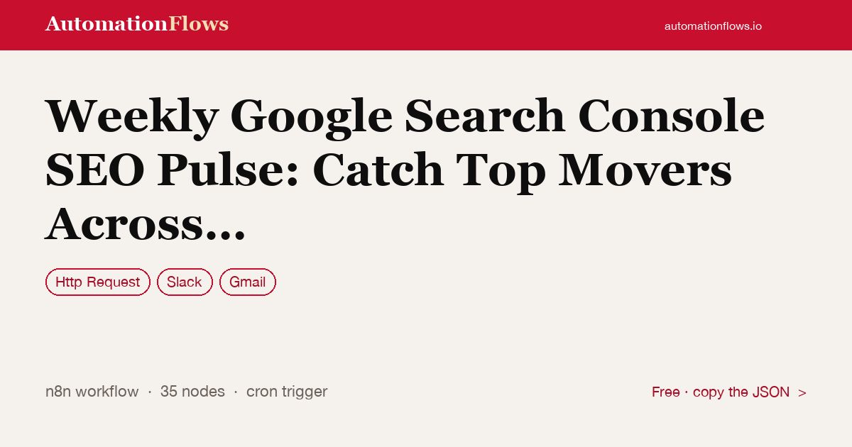 Weekly Google Search Console SEO Pulse: Catch Top Movers Across Keyword Segments — n8n workflow card showing HTTP Request, Slack, Gmail integration