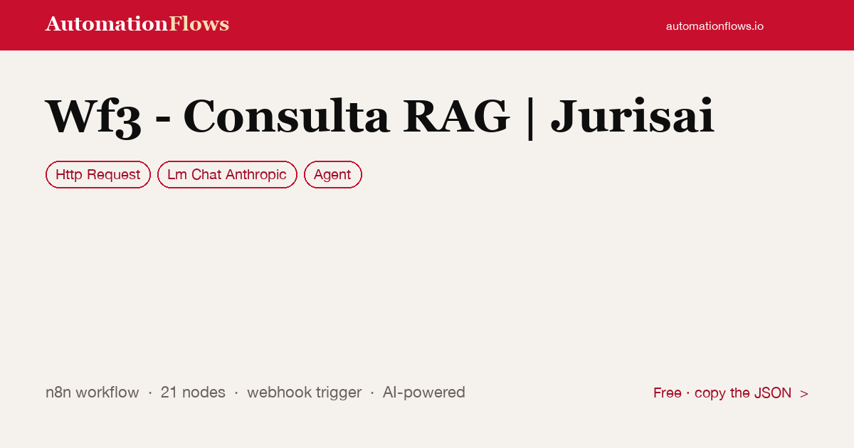 Wf3 - Consulta RAG | Jurisai — n8n workflow card showing HTTP Request, Anthropic Chat, Agent integration