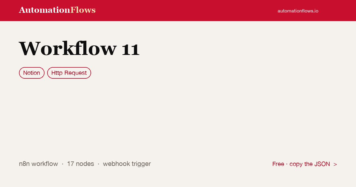 Workflow 11 — n8n workflow card showing Notion, HTTP Request integration