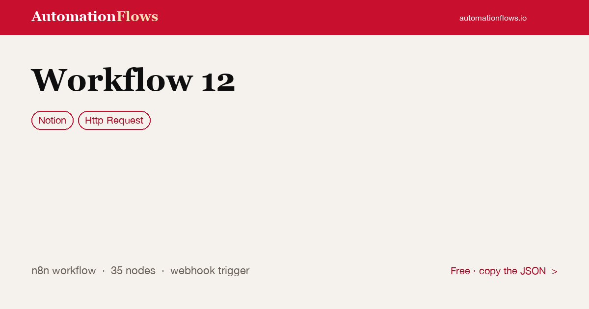 Workflow 12 — n8n workflow card showing Notion, HTTP Request integration