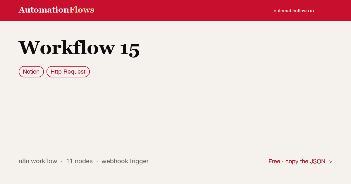 Workflow 15 — n8n workflow card showing Notion, HTTP Request integration