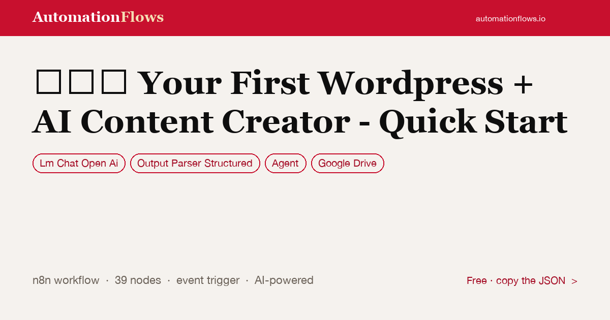 Your First Wordpress + AI Content Creator - Quick Start — n8n workflow card showing OpenAI Chat, Output Parser Structured, Agent integration