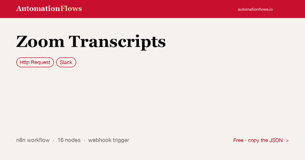 Zoom Transcripts — n8n workflow card showing HTTP Request, Slack integration
